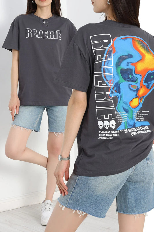 Baskılı Oversize Tişört Antrasitbeyaz