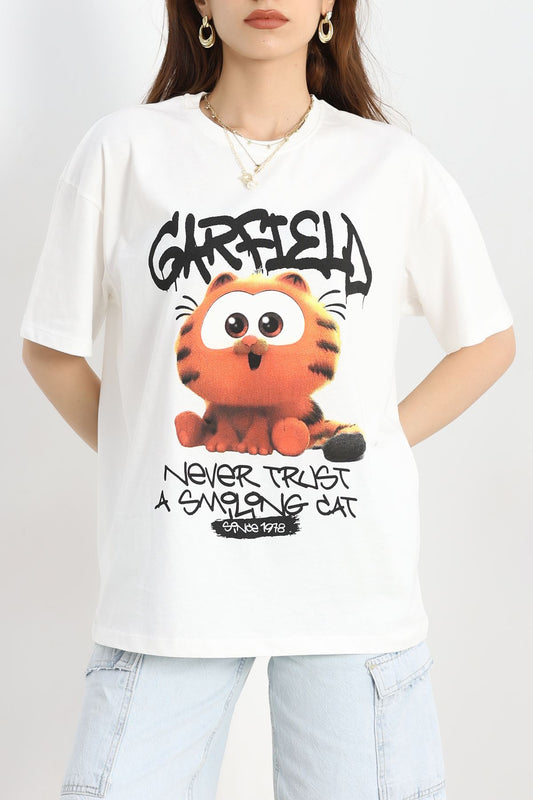 Baskılı Oversize Tişört Beyazturuncu