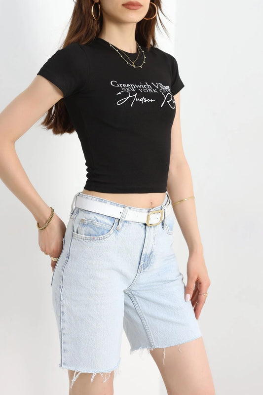 Baskılı Crop Tişört Siyah